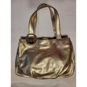 Michael Kors Women's Fulton Shoulder Handbag Metalic  Gold Leather Mk Emblem